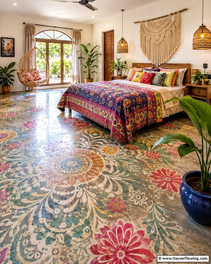 Concrete Floors with Artistic Stenciling - 25 Concrete Floor Bedroom Ideas for an Industrial Vibe
