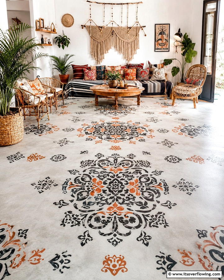 Concrete Floors with Artistic Stenciling - 25 Concrete Floor Living Room Ideas for a Modern and Chic Look