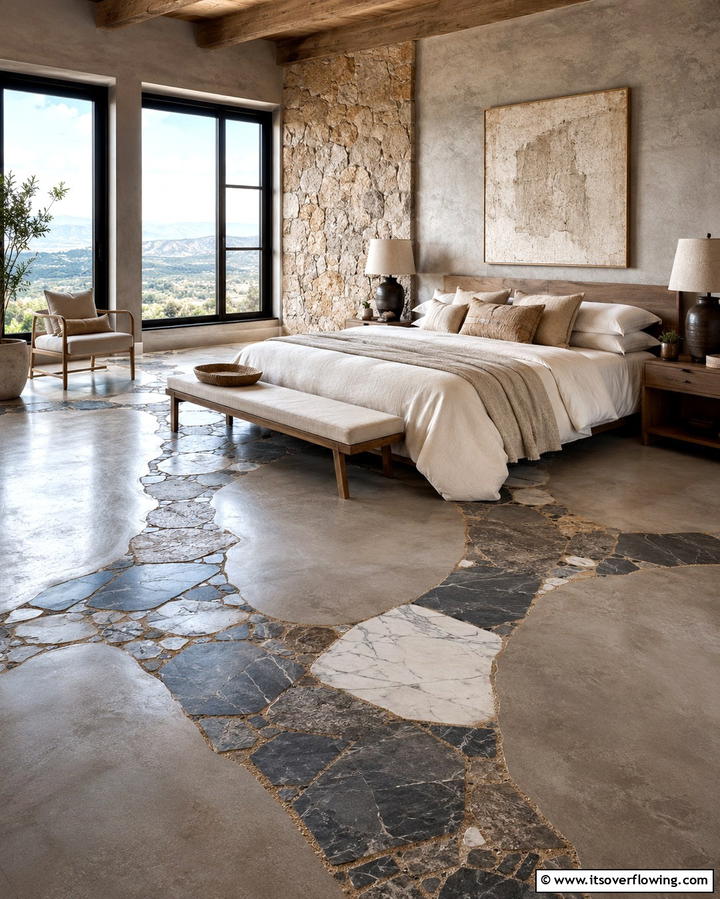 Concrete Floors with Natural Stone Inlays - 25 Concrete Floor Bedroom Ideas for an Industrial Vibe