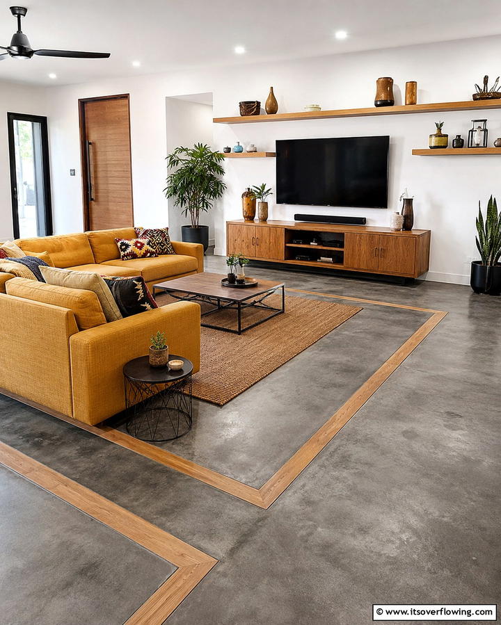 Concrete Floors with Wooden Inlays - 25 Concrete Floor Living Room Ideas for a Modern and Chic Look