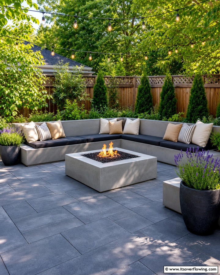 Concrete Paver Patio with Built In Bench and Fire Pit - 25 Concrete Paver Patio Fire Pit Ideas for Cozy Nights