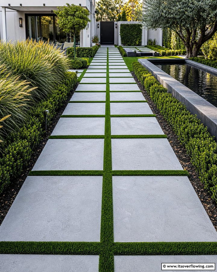 Concrete Slabs with Grass Gaps for a Contemporary Look - 20 Durable Concrete Walkway Ideas for Your Garden