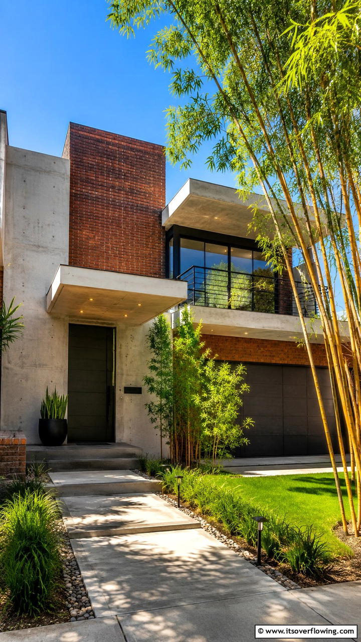 Concrete and Brick Harmony - 30 Brown Brick Exterior Home Ideas for Timeless Curb Appeal