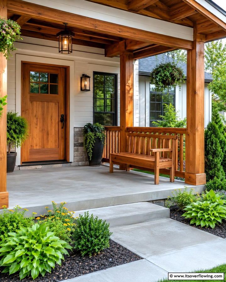 Concrete and Wood Combination - 25 Concrete Porch Ideas for a Stylish and Low-Maintenance Entry