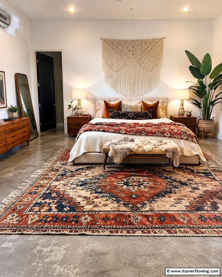 Concrete with Area Rugs for Added Comfort - 25 Concrete Floor Bedroom Ideas for an Industrial Vibe