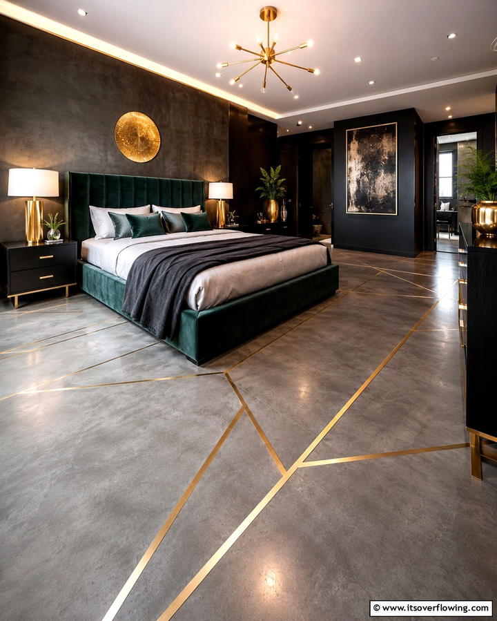 Concrete with Brass Inlays for Luxury - 25 Concrete Floor Bedroom Ideas for an Industrial Vibe