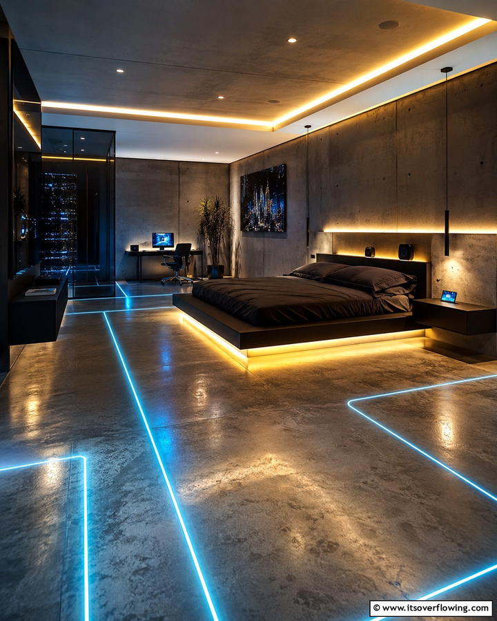 Concrete with Embedded Lights for Drama - 25 Concrete Floor Bedroom Ideas for an Industrial Vibe