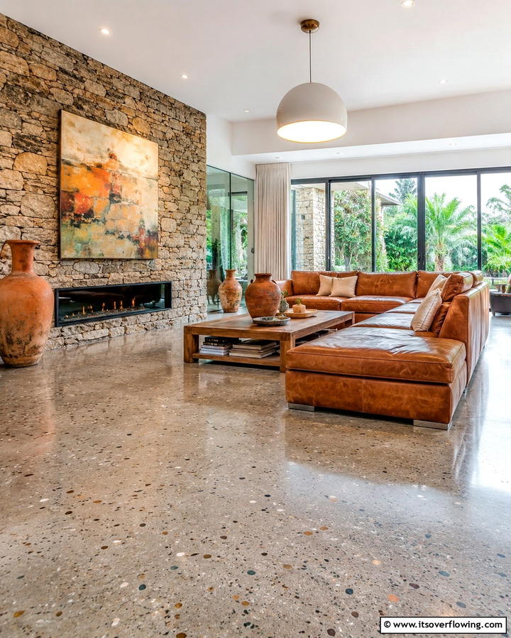 Concrete with Embedded Materials for Unique Texture - 25 Concrete Floor Living Room Ideas for a Modern and Chic Look