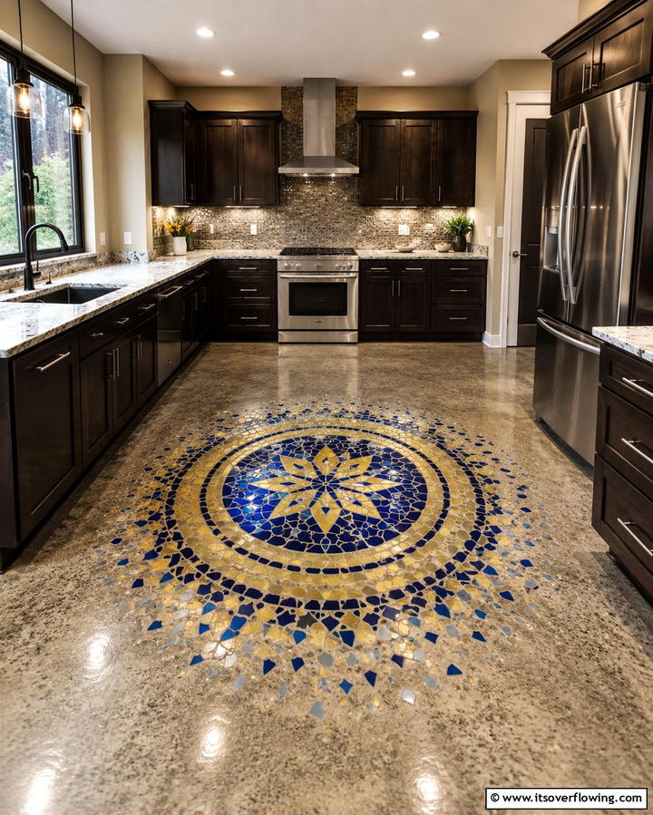 Concrete with Geometric Patterns - 30 Industrial Chic Concrete Floor Kitchen Design Concepts