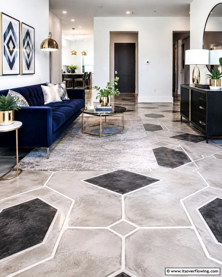 Concrete with Geometric Patterns - 25 Concrete Floor Living Room Ideas for a Modern and Chic Look