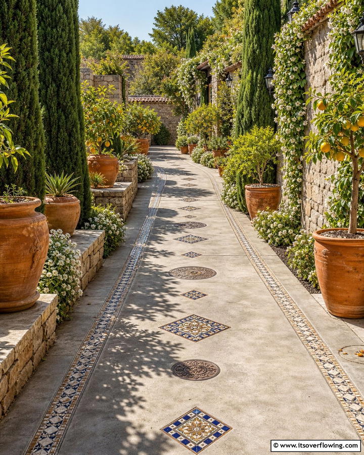 Concrete with Inlays for Artistic Detail - 20 Durable Concrete Walkway Ideas for Your Garden