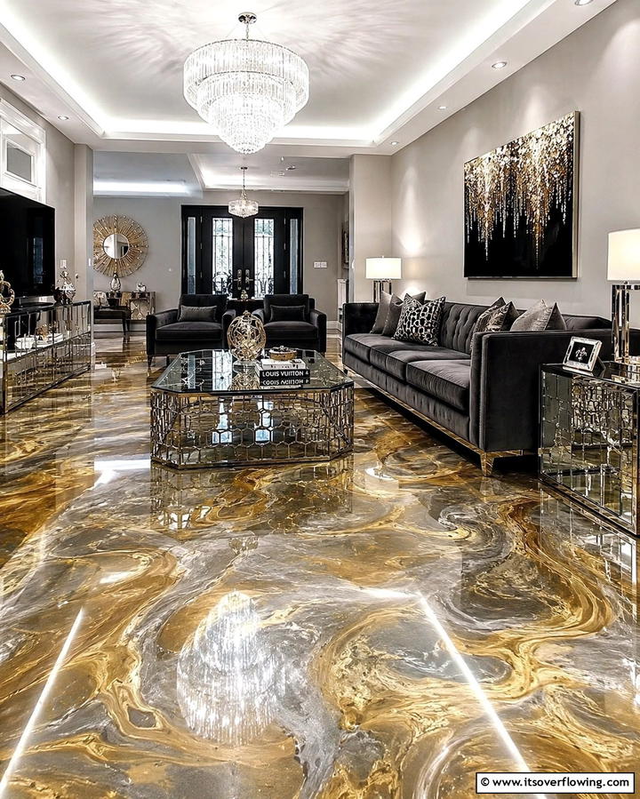 Concrete with Metallic Finish for a Luxe Look - 25 Concrete Floor Living Room Ideas for a Modern and Chic Look