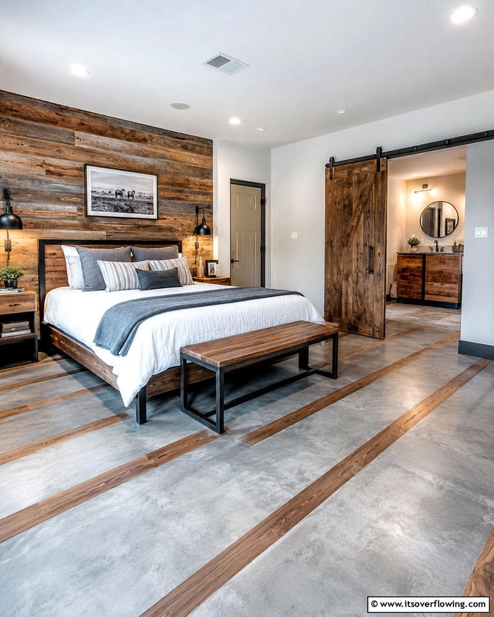 Concrete with Wood Inlays for Contrast - 25 Concrete Floor Bedroom Ideas for an Industrial Vibe