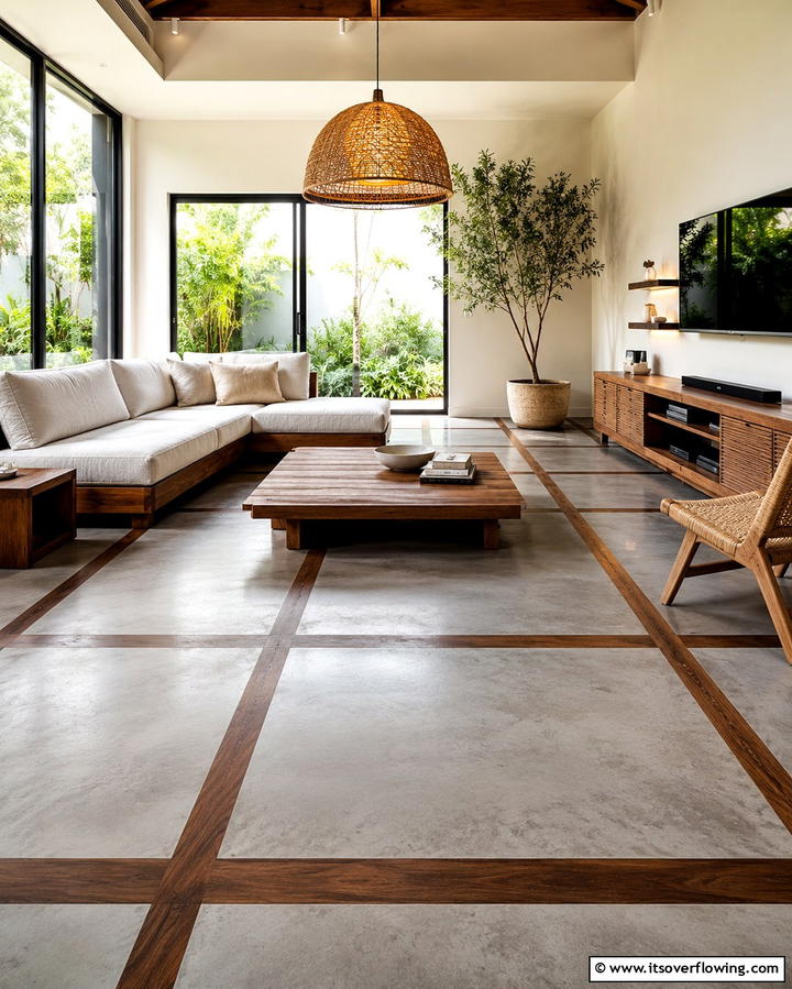 Concrete with Wood Inlays for a Mixed Material Look - 25 Concrete Floor Living Room Ideas for a Modern and Chic Look