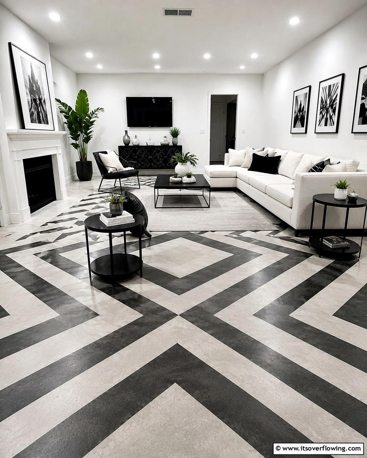 Concrete with a Geometric Pattern Overlay - 25 Concrete Floor Living Room Ideas for a Modern and Chic Look