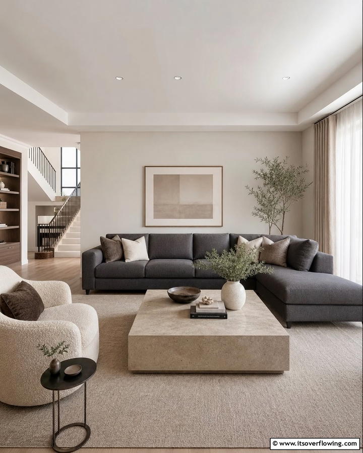 Consistent Neutral Palette - 21 Dark Grey Couch Living Room Styling Ideas