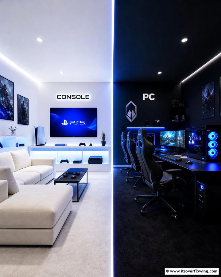 Console vs PC Competition Room - 30 Game Room Ideas for Fun Home Entertainment Spaces