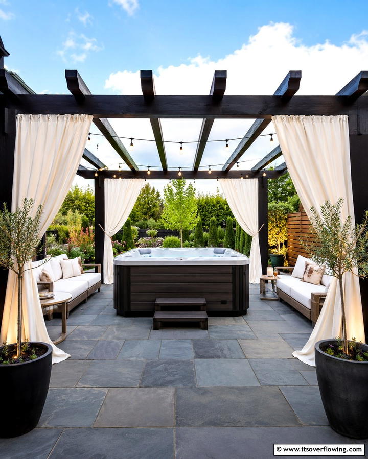 Constructing a Pergola with Drapes - 25 Backyard Hot Tub Privacy Ideas for Relaxing Spaces