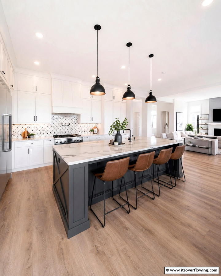 Contemporary Appeal with White Cabinets and Dark Grey Island - 25 White Kitchen Cabinets with Grey Island Ideas
