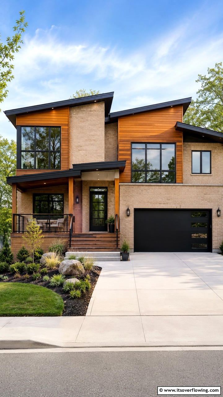 Contemporary Beige Brick and Wood Combination - 30 Beige Brick Exterior Home Ideas for Warm Curb Appeal