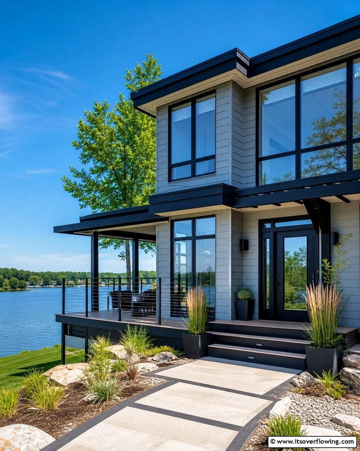 Contemporary Black Accents - 30 Lake House Exterior Color Ideas Inspired by Nature
