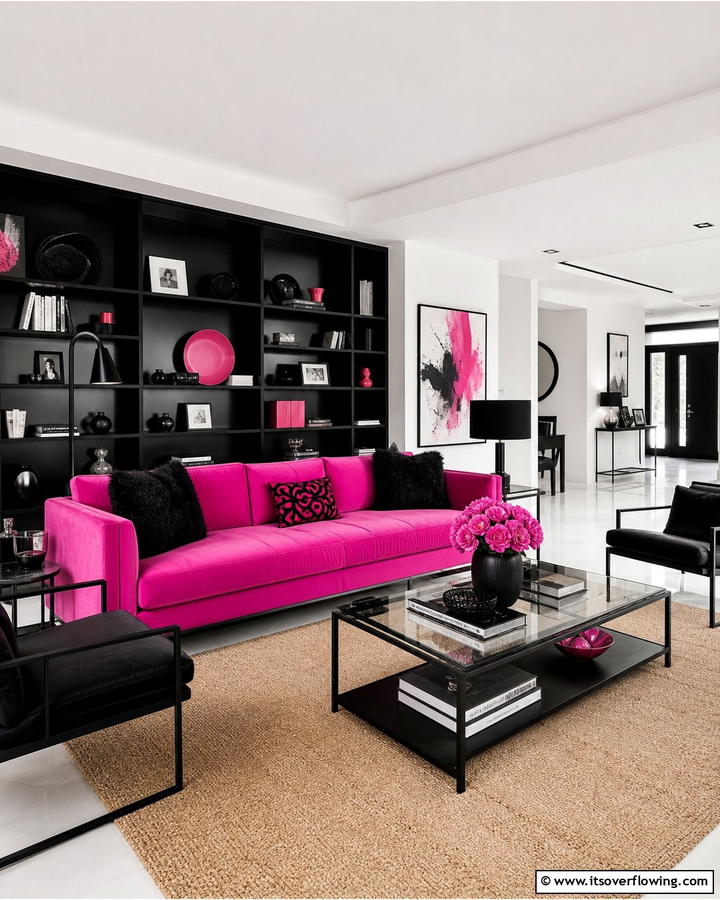 Contemporary Black and Pink Contrast - 20 Pink Couch Living Room Ideas for a Bold Statement