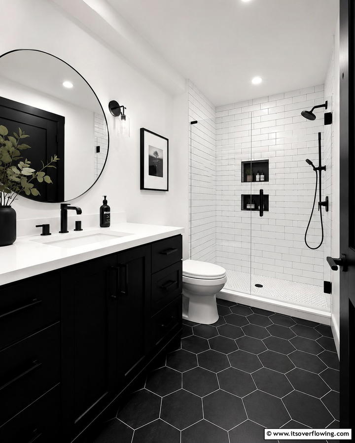 Contemporary Black and White - 30 Basement Bathroom Ideas for Small and Functional Spaces