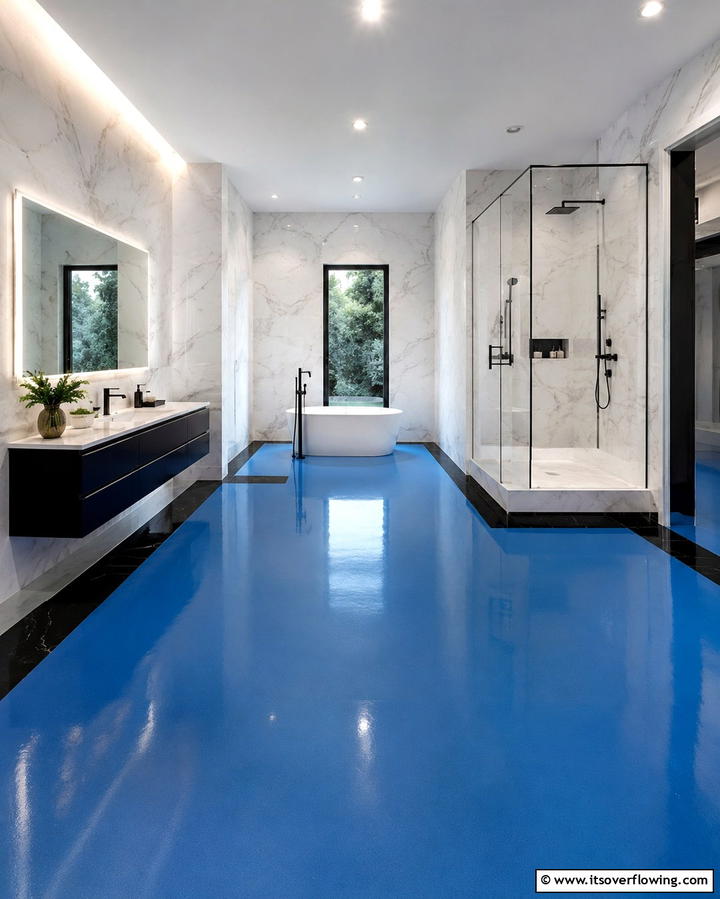 Contemporary Blue Flooring with Black Borders - 30 Striking Black and Blue Bathroom Ideas for Dramatic Flair