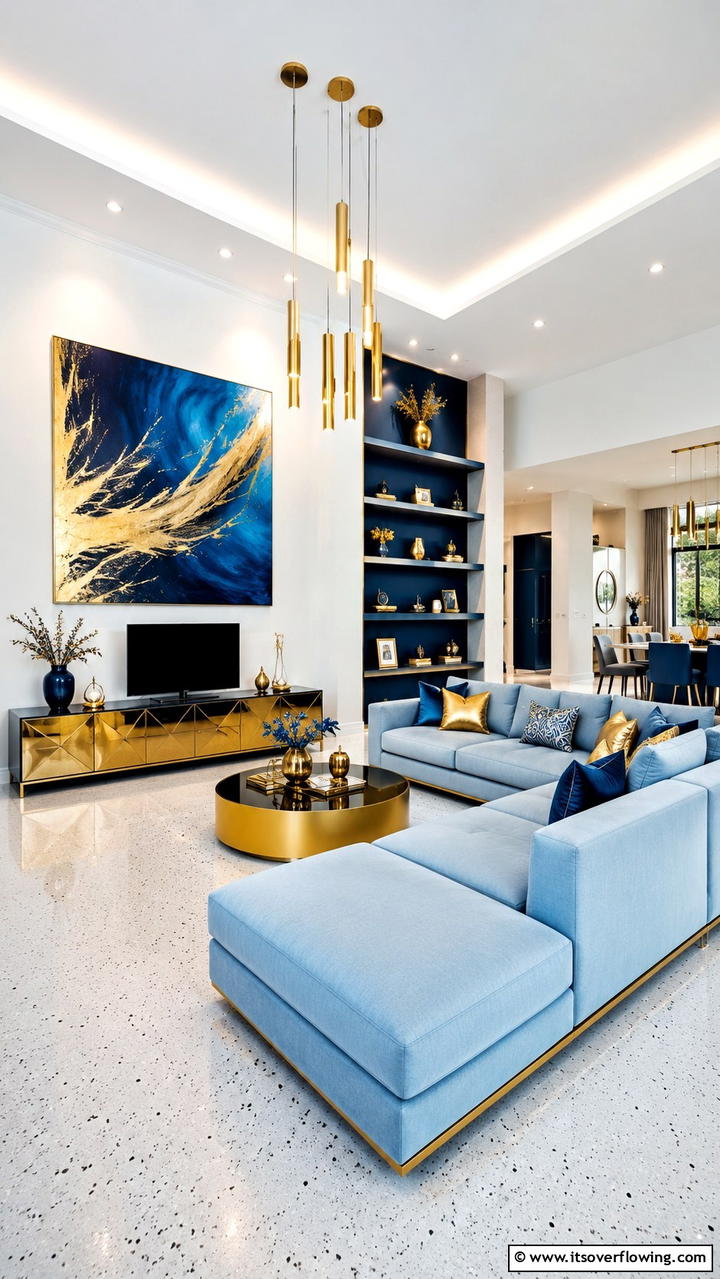 Contemporary Blue Lounge with Gold Flair - 30 Stunning Blue and Gold Living Room Ideas for Elegant Spaces