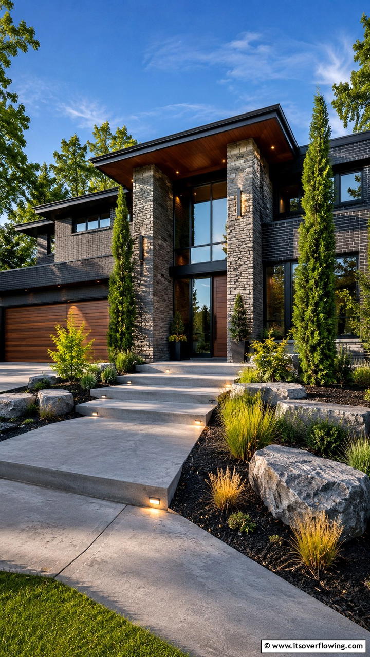 Contemporary Brick Design with Bold Stone Features - 30 Brick Houses With Stone Accents- Exterior Design Inspiration