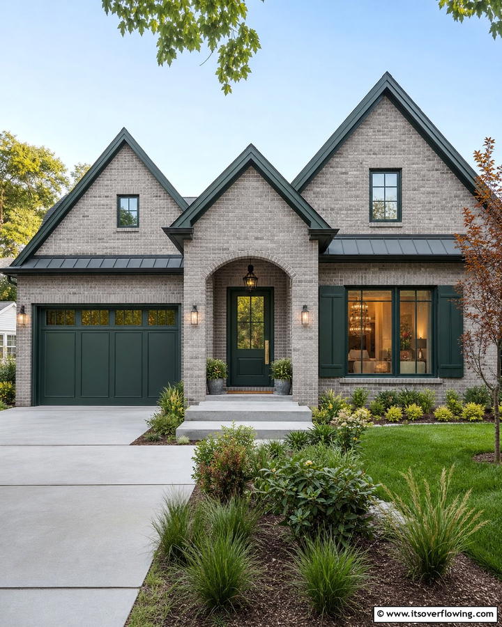 Contemporary Brick Gray with Forest Green Touches - 30 Exterior Brick and Paint Color Combinations