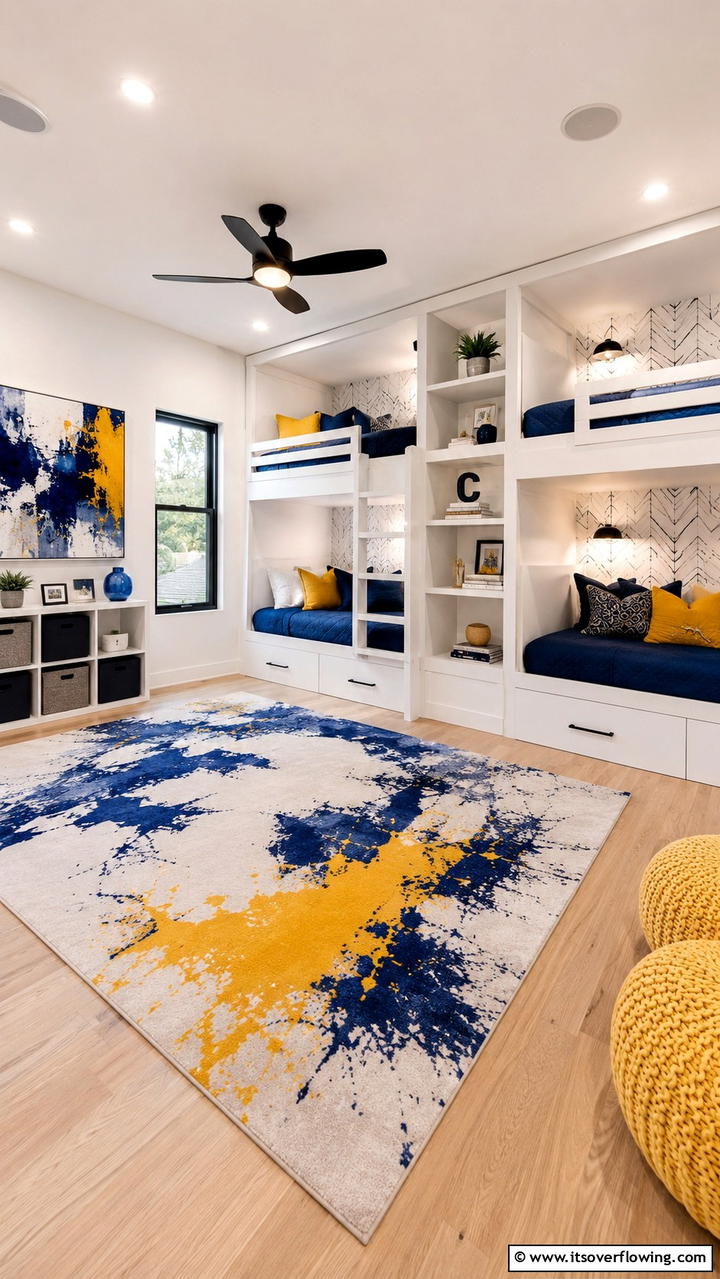 Contemporary Bunk Room with Bold Accents - 30 Bunk Room Ideas for Fun and Functional Kids’ Spaces