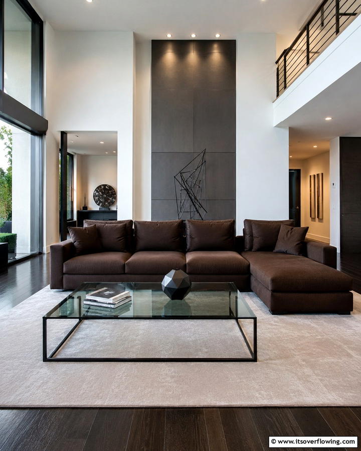 Contemporary Chic with Clean Lines - 30 Warm Dark Brown Couch Styling Ideas for Cozy Living Rooms