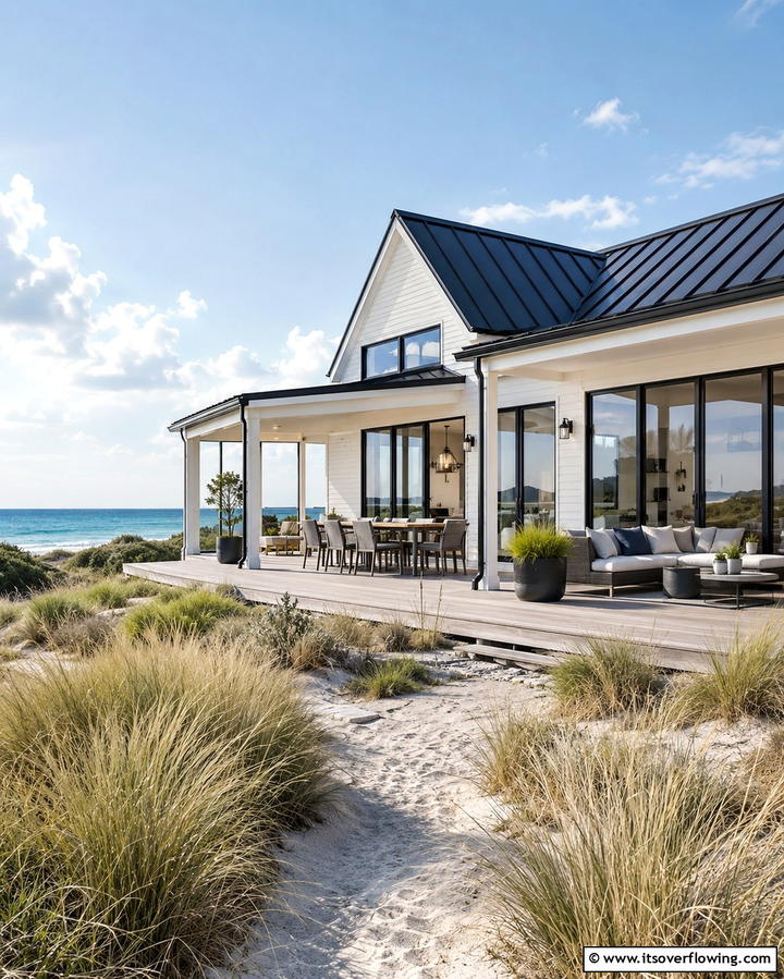 Contemporary Coastal Retreat - 25 White Exterior Home with a Black Roof Ideas
