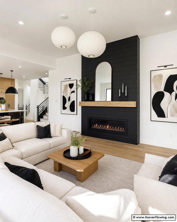 Contemporary Contrast - 21 Modern Black Shiplap Fireplace Design Inspirations