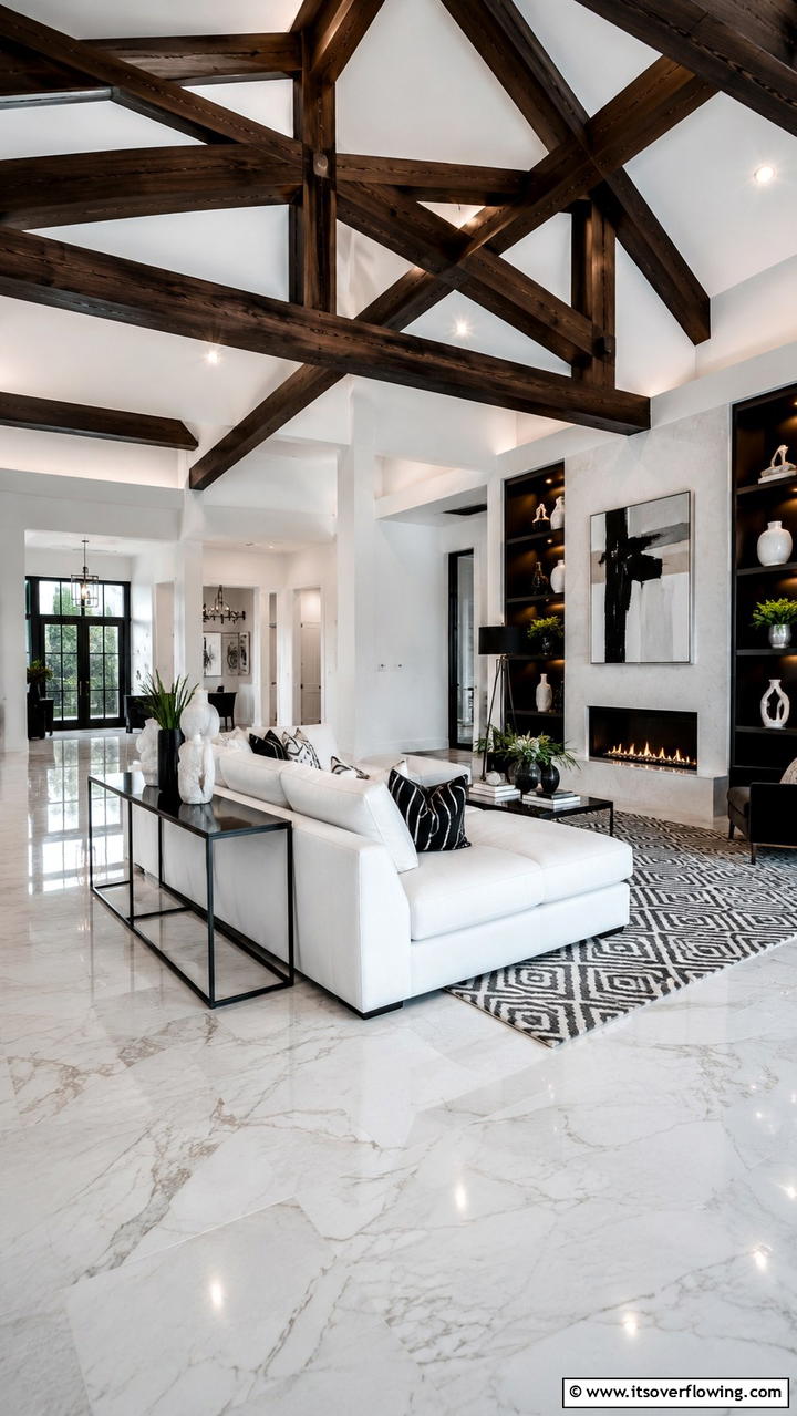 Contemporary Contrast - 30 Exposed Beam Living Room Ideas for Rustic Charm