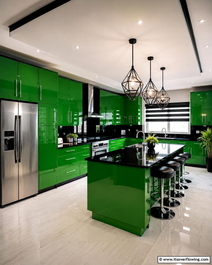 Contemporary Contrast - 30 Green Kitchen Cabinets & Black Countertops Pairing Ideas