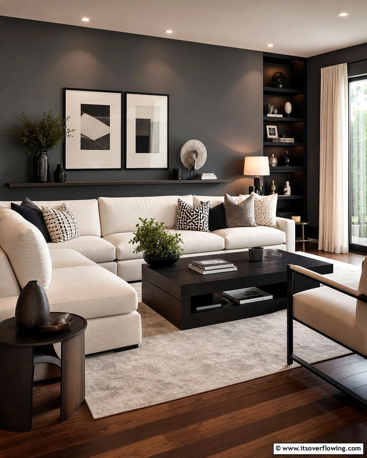 Contemporary Contrast - 30 Grey Living Room & Dark Wood Floor Design Combinations