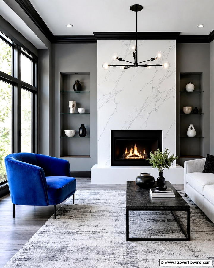 Contemporary Contrast - 30 Living Room Grey Walls & Black Trim- Bold Contrast Ideas