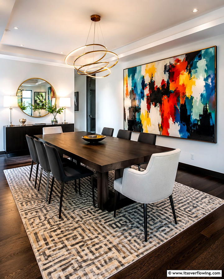 Contemporary Contrast with Bold Artwork - 25 Dark Wood Floor Dining Room Ideas for a Classic Look