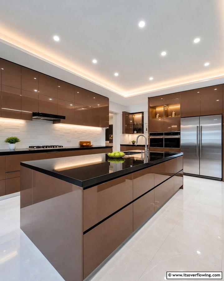 Contemporary Contrast with Glossy Surfaces - 25 Brown Kitchen Cabinets With Black Countertops