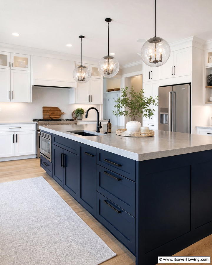 Contemporary Cool with Matte White Cabinets and Dark Blue Island - 25 White Kitchen Cabinets With Blue Island Ideas