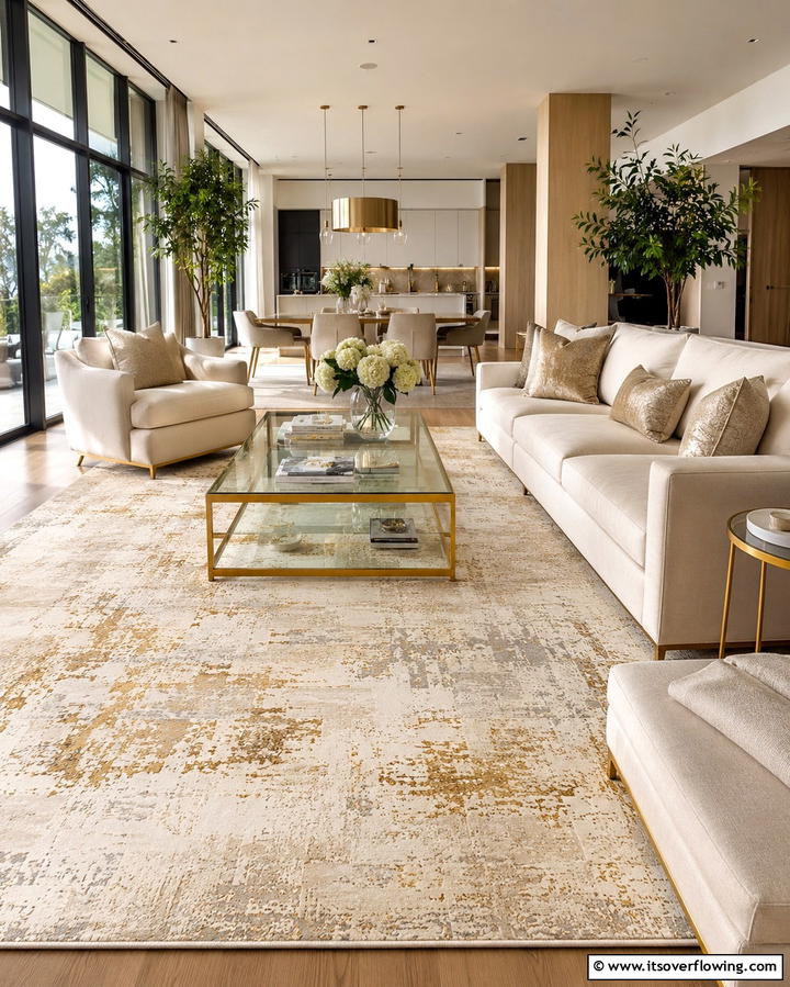 Contemporary Cream and Gold Area Rug - 30 Elegant Cream & Gold Living Room Themes for Luxe Interiors