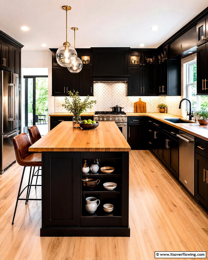 Contemporary Farmhouse Blend - 25 Kitchen With Black Cabinets And Wood Countertops Ideas