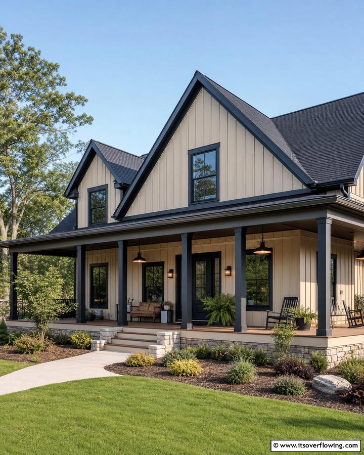 Contemporary Farmhouse - 25 Tan House With Black Trim Design Ideas for Elegance