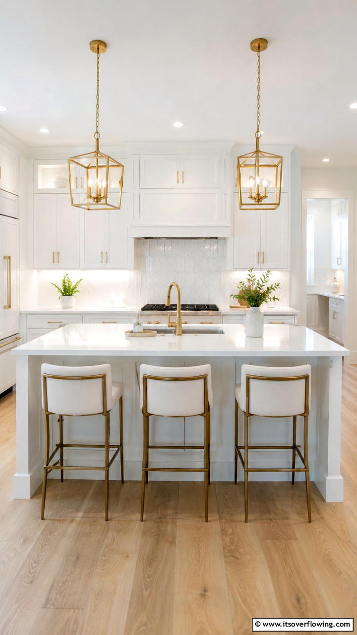Contemporary Fixtures in a White Kitchen - 21 White and Gold Kitchen Ideas for Timeless Elegance