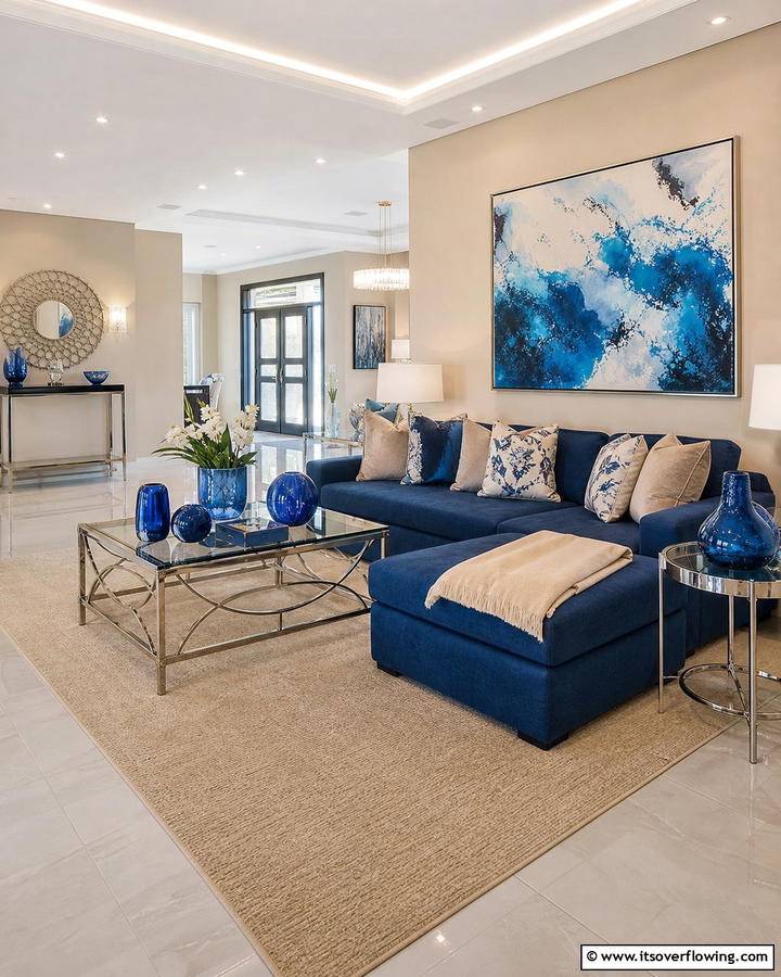 Contemporary Flair with Blue and Beige - 20 Blue and Beige Living Room Ideas- Serene Spaces