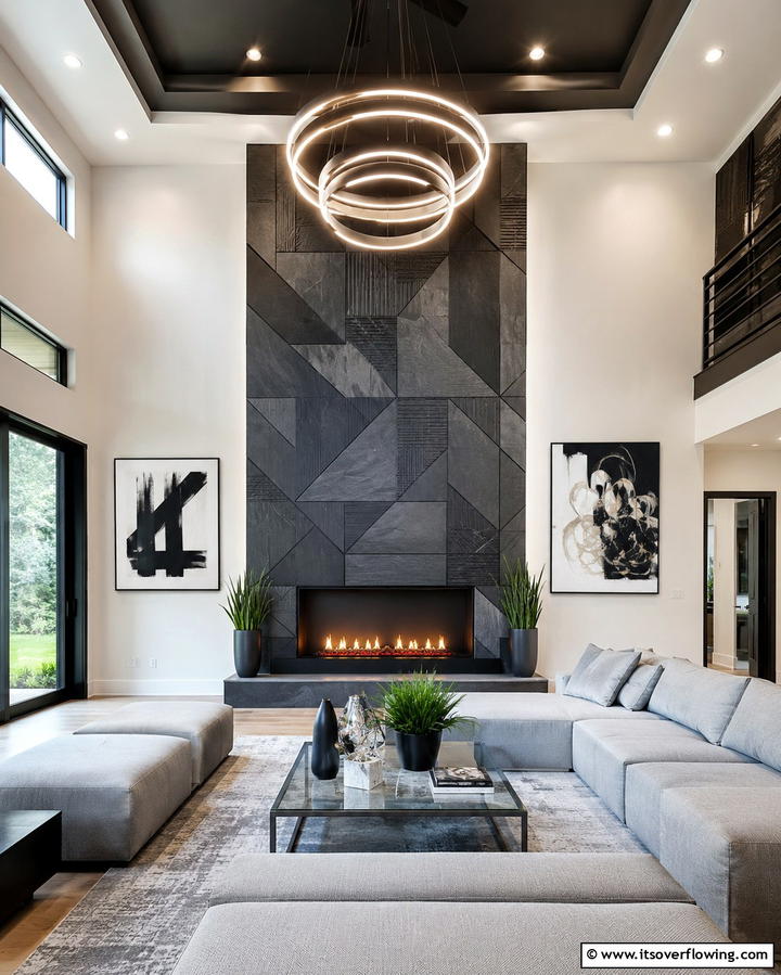 Contemporary Flair with Geometric Patterns - 25 Elegant Black Stone Fireplace Ideas