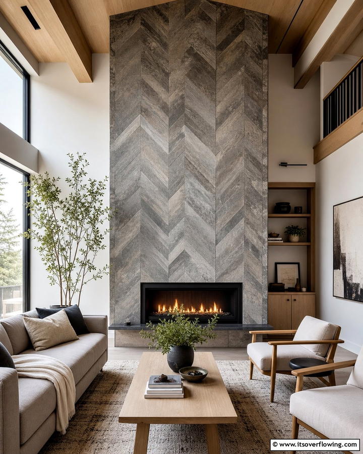 Contemporary Flair with Geometric Stone Patterns - 25 Floor to Ceiling Stone Fireplace Ideas for Drama
