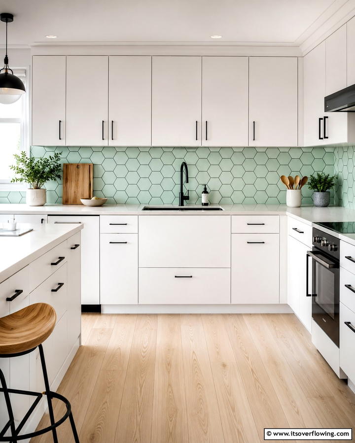 Contemporary Flair with Mint Green Hexagons - 25 Chic Kitchen With Green Backsplash Ideas